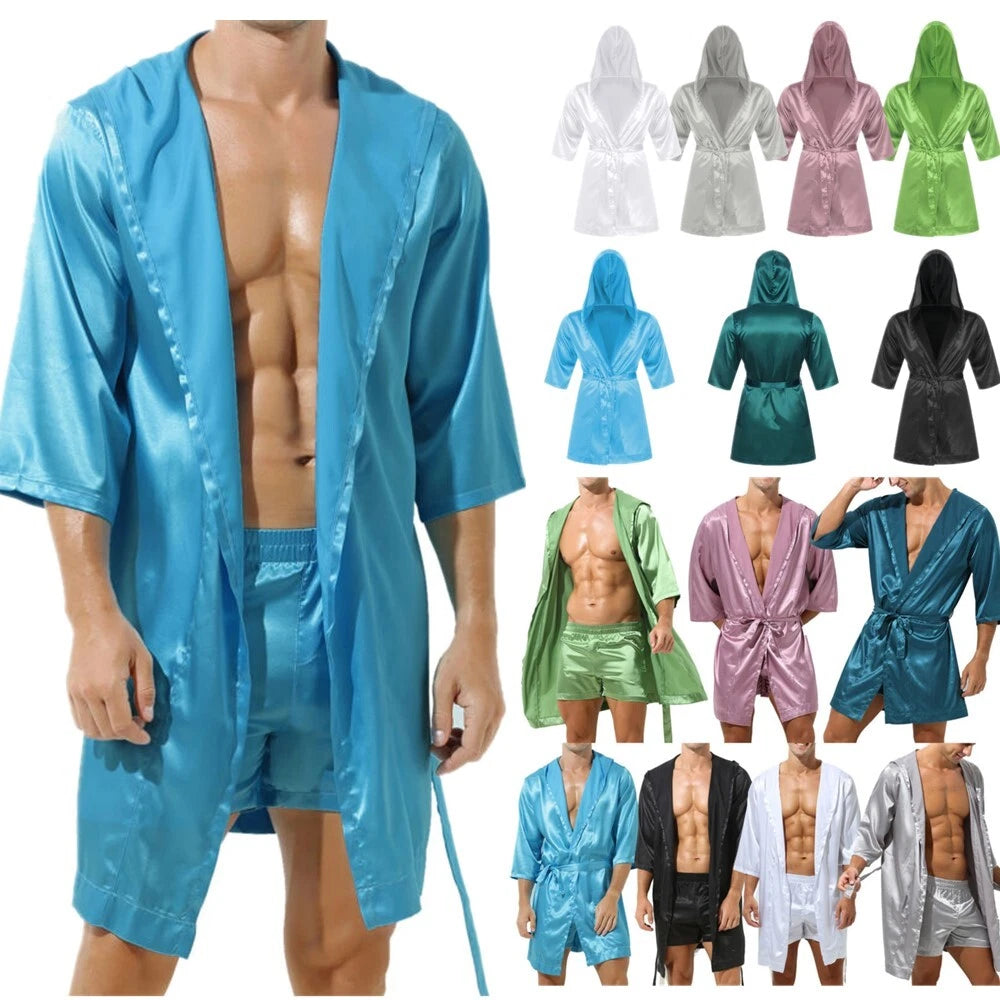Men's Silk Satin Pajamas Hooded Bathrobe with Belted Set Bath Robe Sleepwear