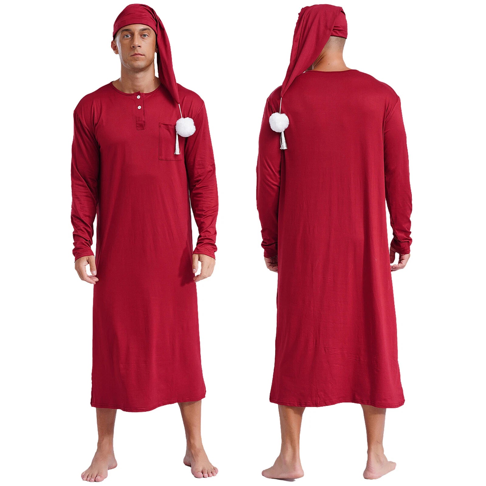 Men's Sissy Nightwear Loose Striped Robe Long Sleeve Nightshirt Cap Pajama Sets
