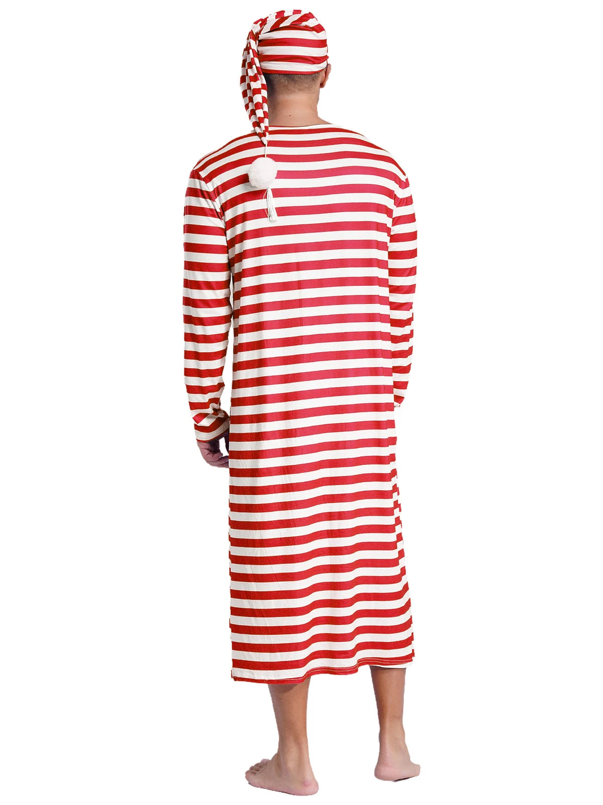 Men's Nightshirt Striped Loose Sleepwear Night Pajama Set Robe with Sleeping Cap
