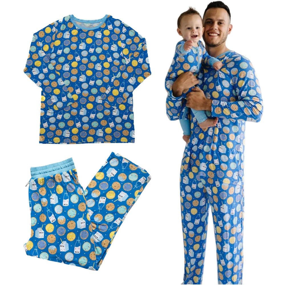 Little Sleepies Pajama Set Men's XXL Blue Cookie Milk Bamboo Comfort PJs Lounge