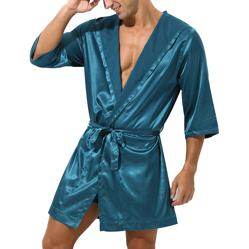 Mens Robes Silky Satin Hooded Bathrobe Luxurious Pyjama Set Nightgowns Sleepwear