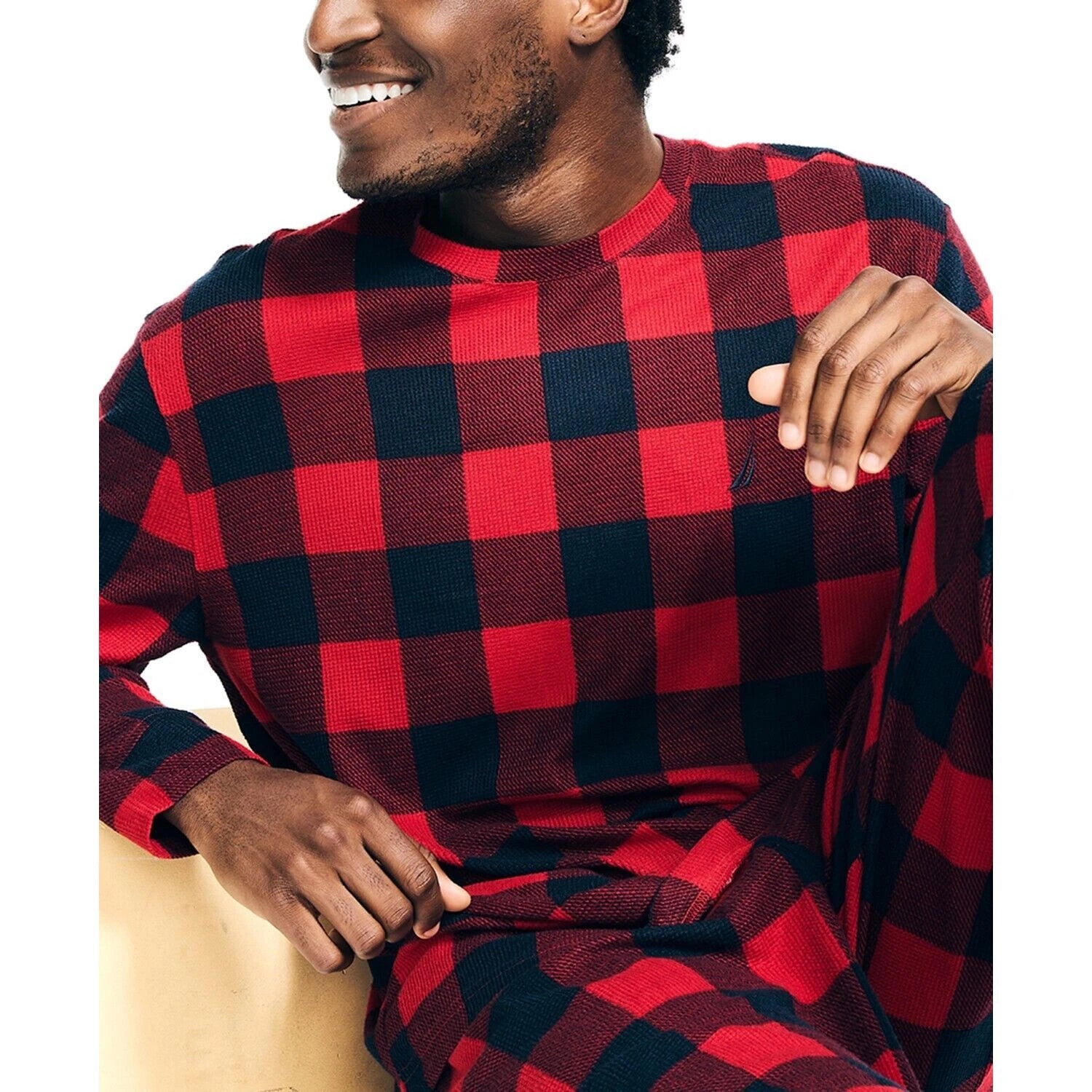 Nautica Men's Waffle Buffalo Plaid Pajama Pant Set, Red Large