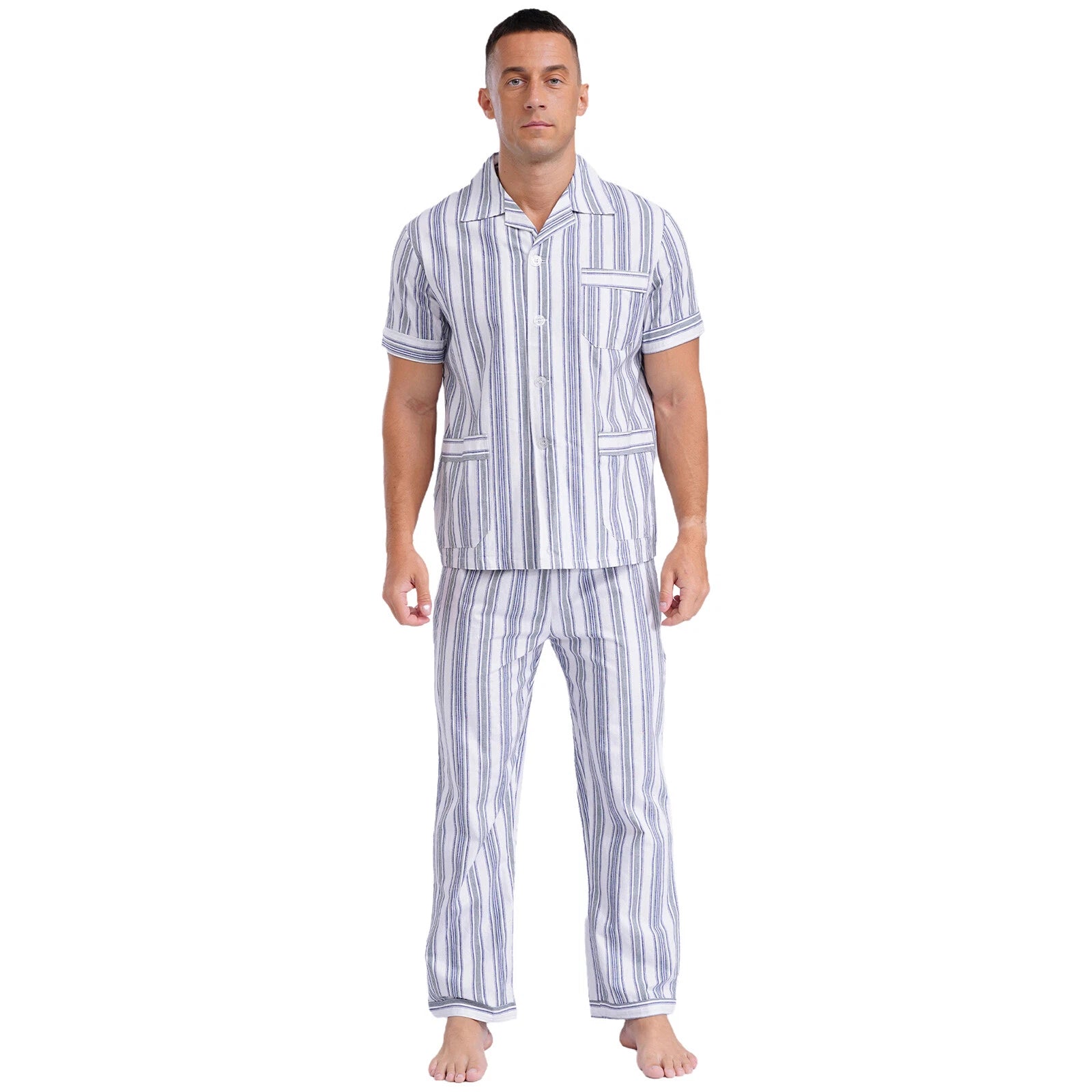 Mens Pajama Set Button Down Sleepwear Shirt Homewear Striped Nightgown Pockets