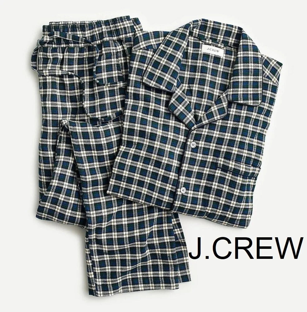 JCREW pajama set pants shirt flannel cotton green white check plaid tartan NWT