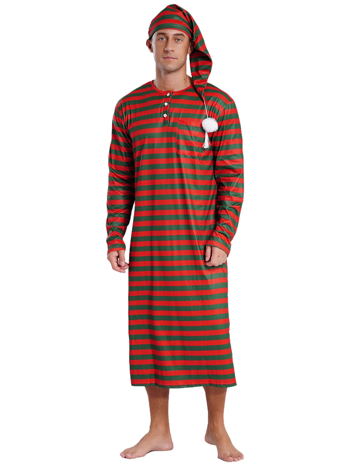 Men's Nightshirt Striped Loose Sleepwear Night Pajama Set Robe with Sleeping Cap