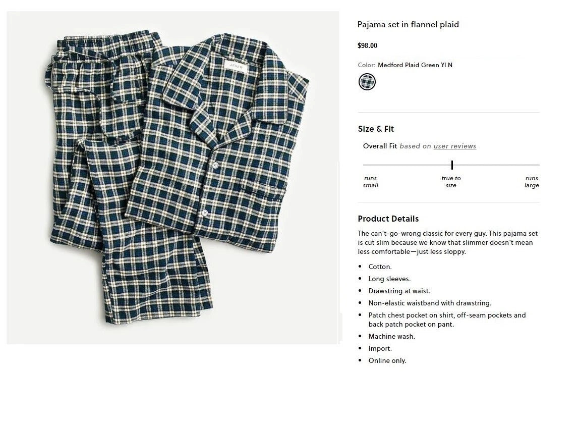 JCREW pajama set pants shirt flannel cotton green white check plaid tartan NWT