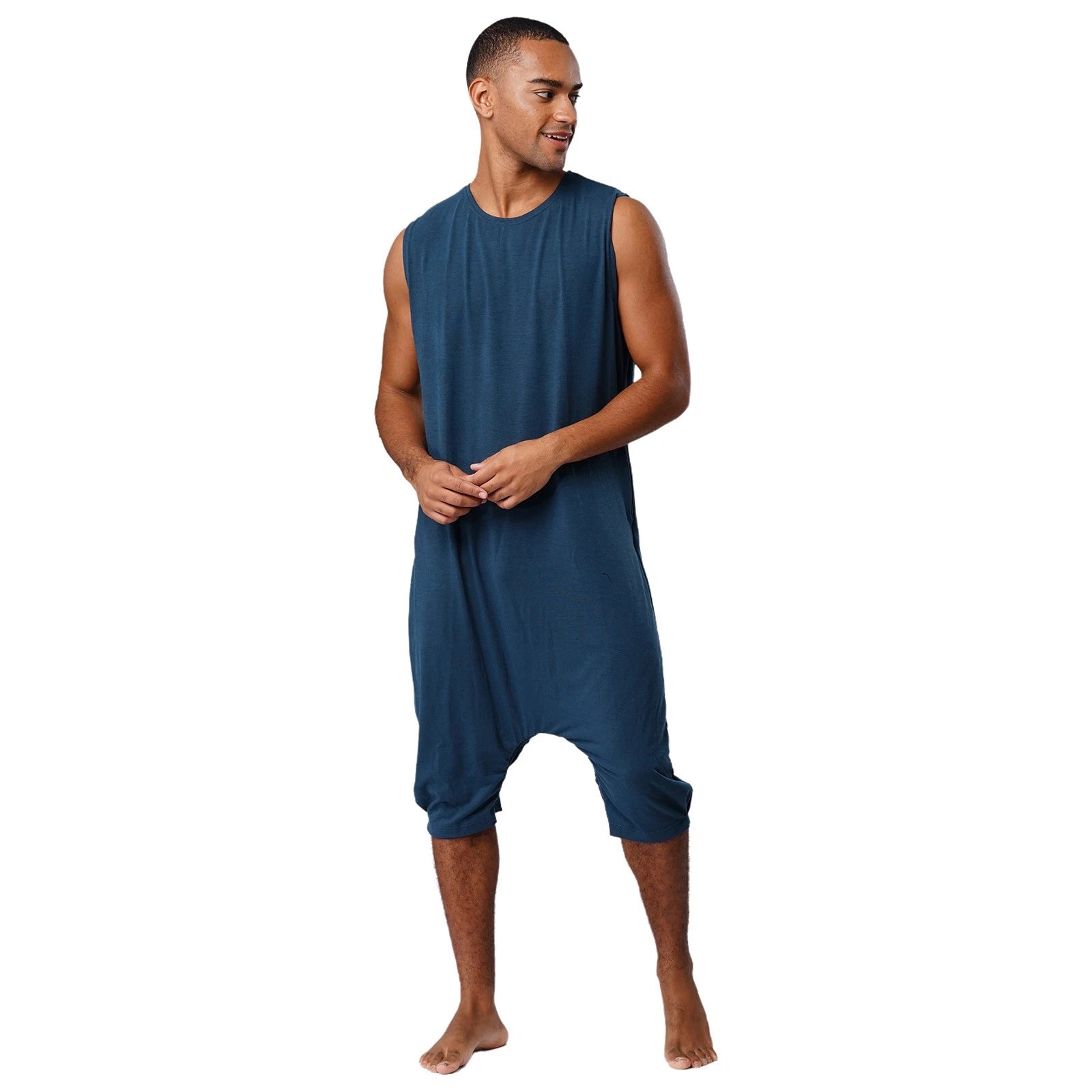 Men's Loose Romper Pajamas Jumpsuit Sleepwear Zipper Crotch One Piece Bodysuit