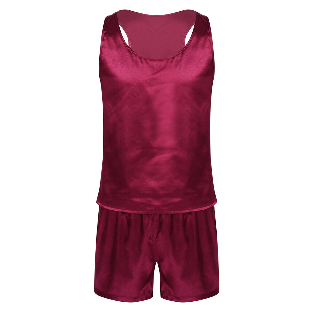 Mens Satin Pajamas Set Lounge Shorts Tank Top Silk Shirt Sleepwear Nightwear