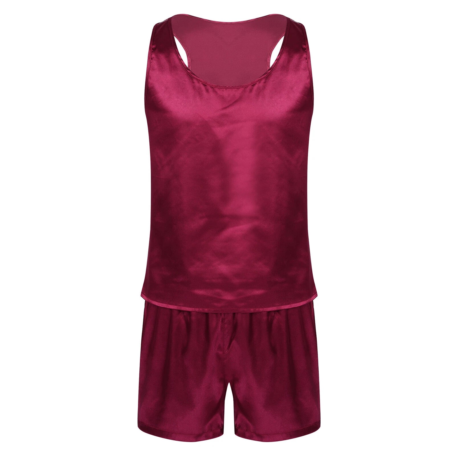 Mens Satin Pajamas Set Lounge Shorts Tank Top Silk Shirt Sleepwear Nightwear