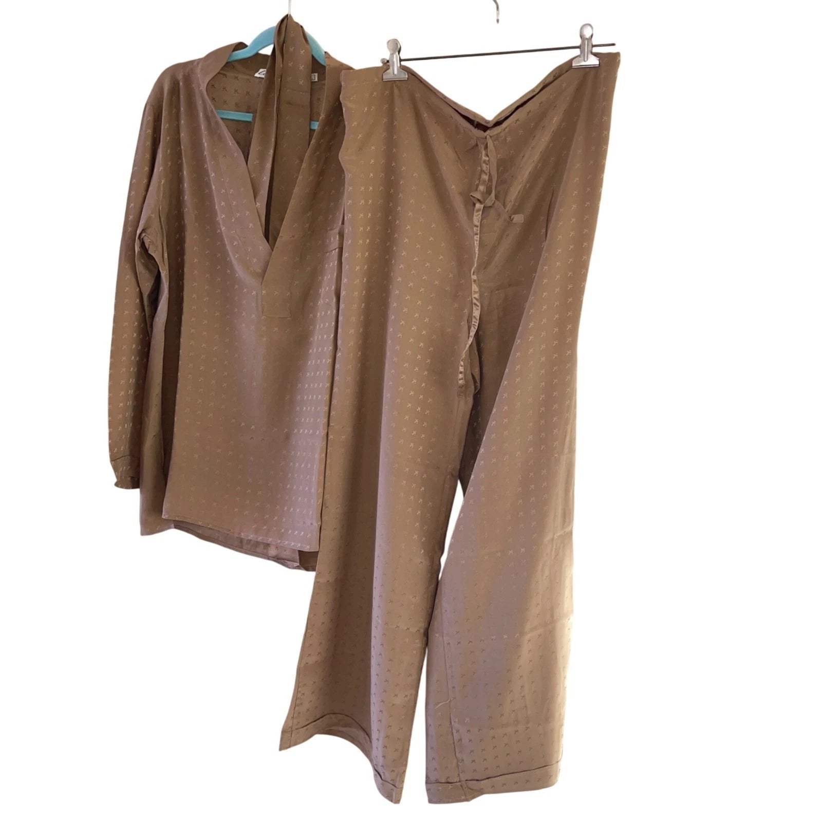 Vintage Mens Pajama Set Size 48 Tan 3 Piece Pockets Belted Pure Silk Italy
