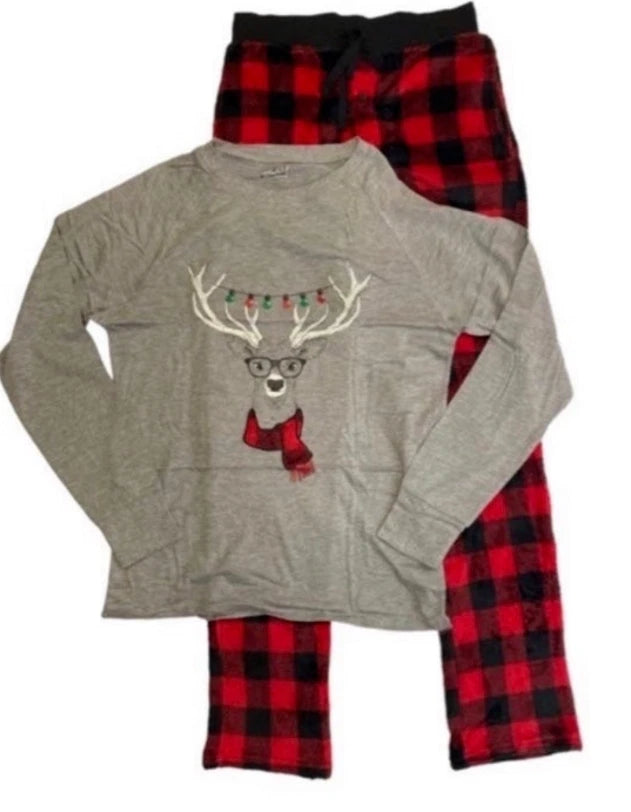 NWT mens L PAJAMAS Buffalo Plaid red Long Sleeve Shirt & Pant reindeer 2 piece