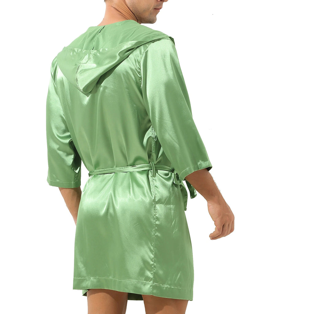 Mens Robes Silky Satin Hooded Bathrobe Luxurious Pyjama Set Nightgowns Sleepwear