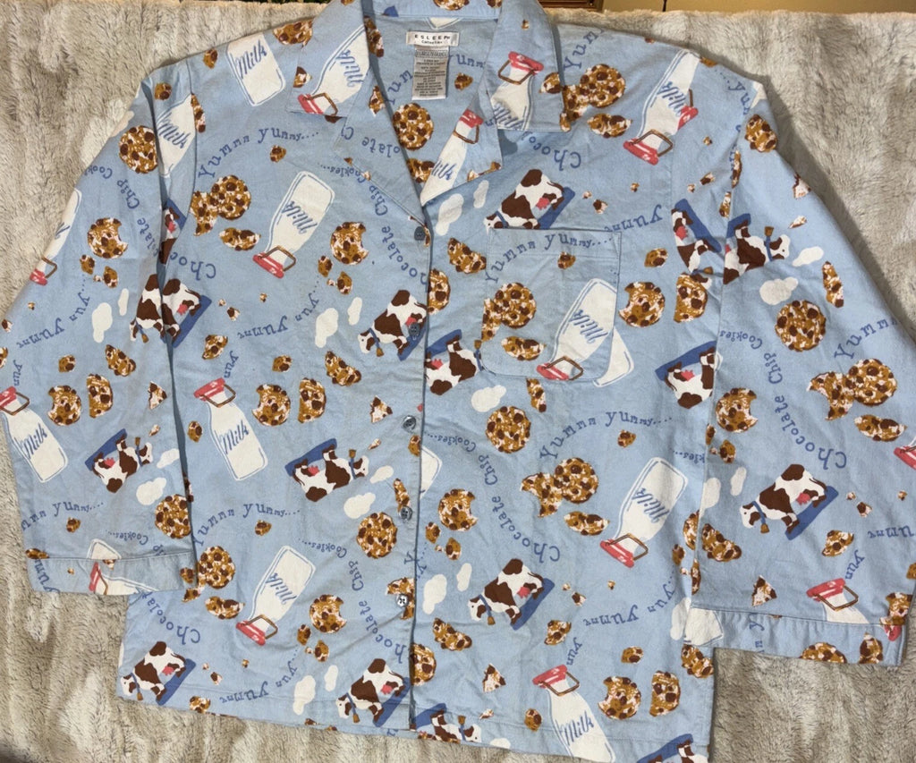 Vintage 90’s ESLEEP Pajamas Set Sz XL Cows Milk Cookies New Pants Top Loungewear