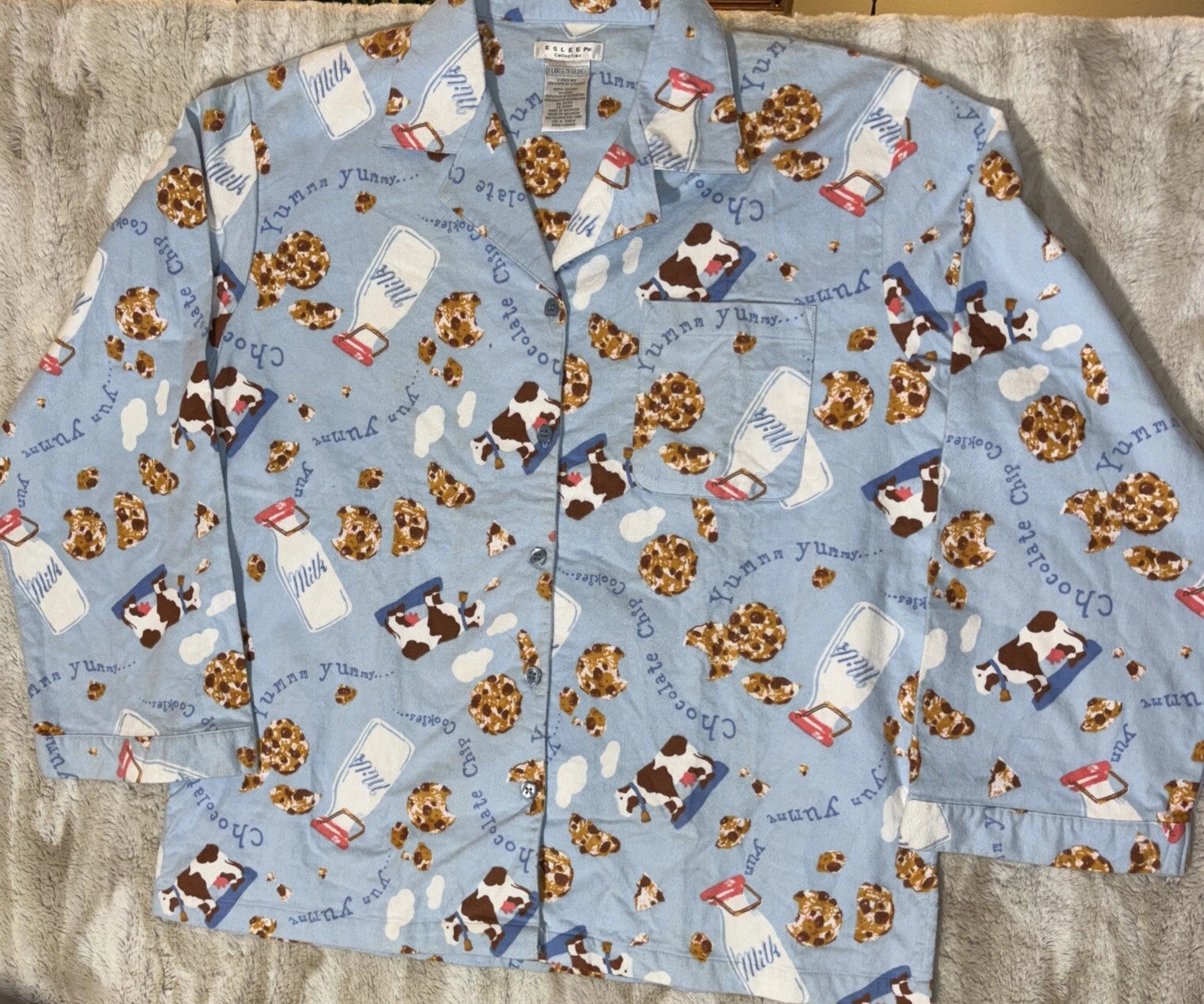 Vintage 90’s ESLEEP Pajamas Set Sz XL Cows Milk Cookies New Pants Top Loungewear