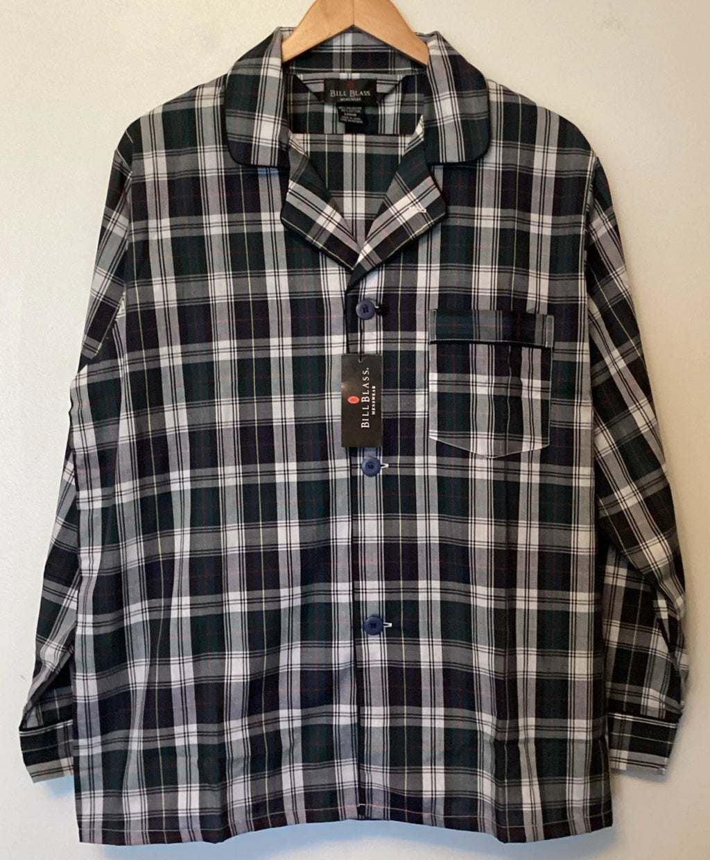 Bill Blass Pajama Set Men’s Size L Green Plaid Long Sleeve Lightweight NWT