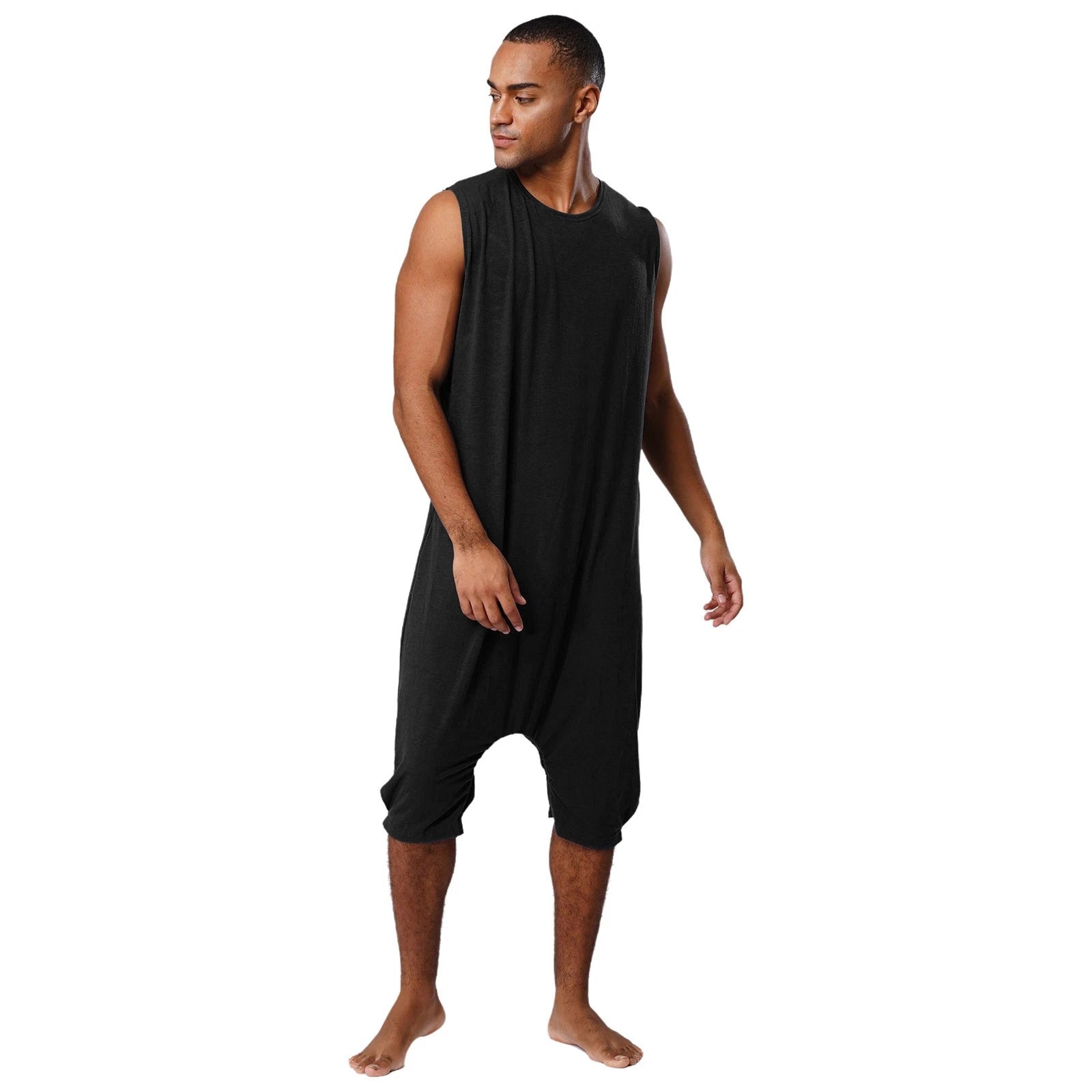 Men's Loose Romper Pajamas Jumpsuit Sleepwear Zipper Crotch One Piece Bodysuit