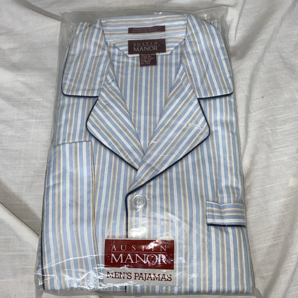 NIB AUSTIN MANOR Mens Blue/brown Striped Cotton Pajamas Long Sleeve & Leg Mens M