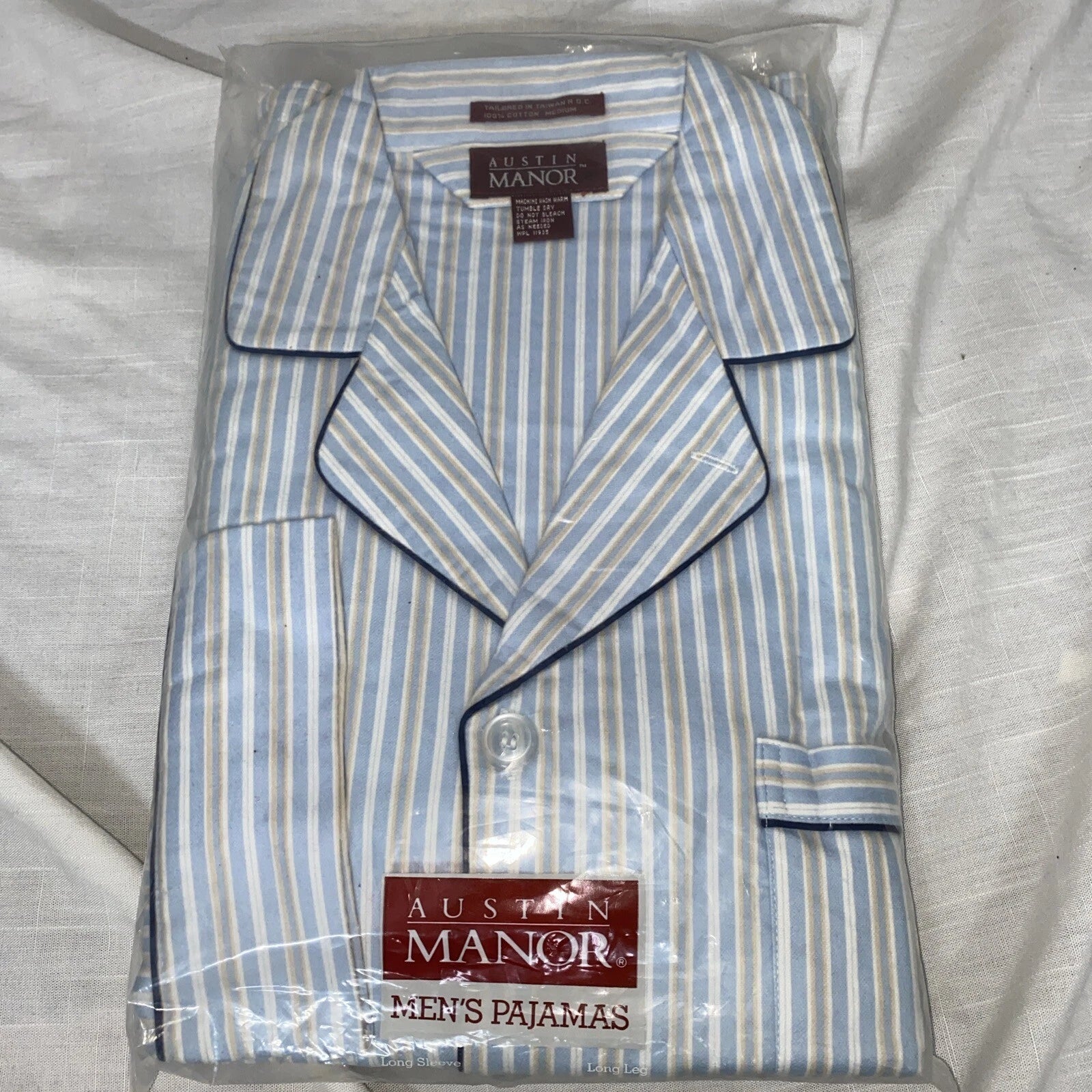 NIB AUSTIN MANOR Mens Blue/brown Striped Cotton Pajamas Long Sleeve & Leg Mens M