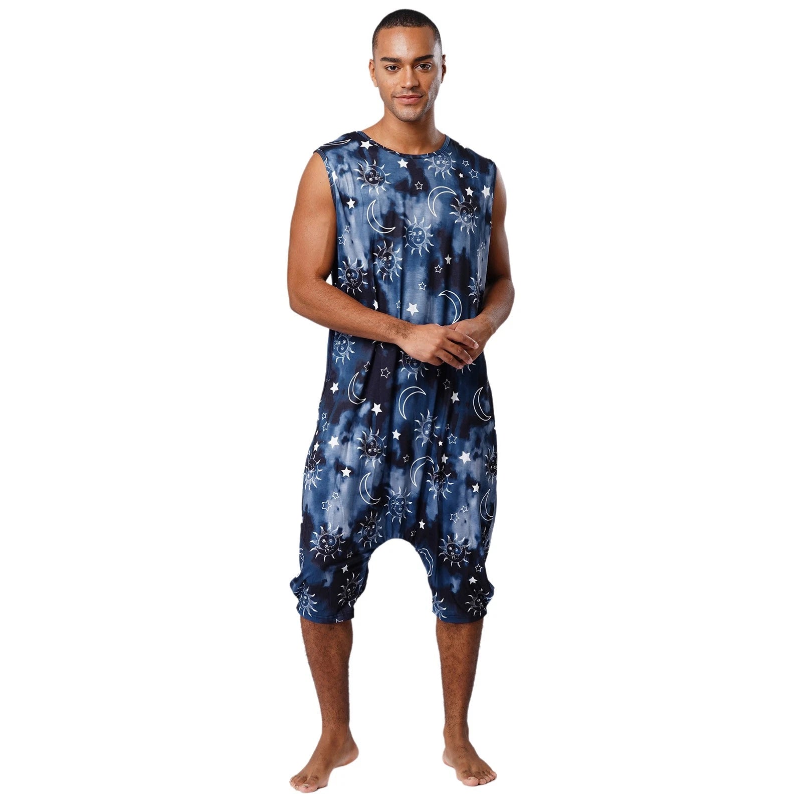 Men's Loose Romper Pajamas Jumpsuit Sleepwear Zipper Crotch One Piece Bodysuit
