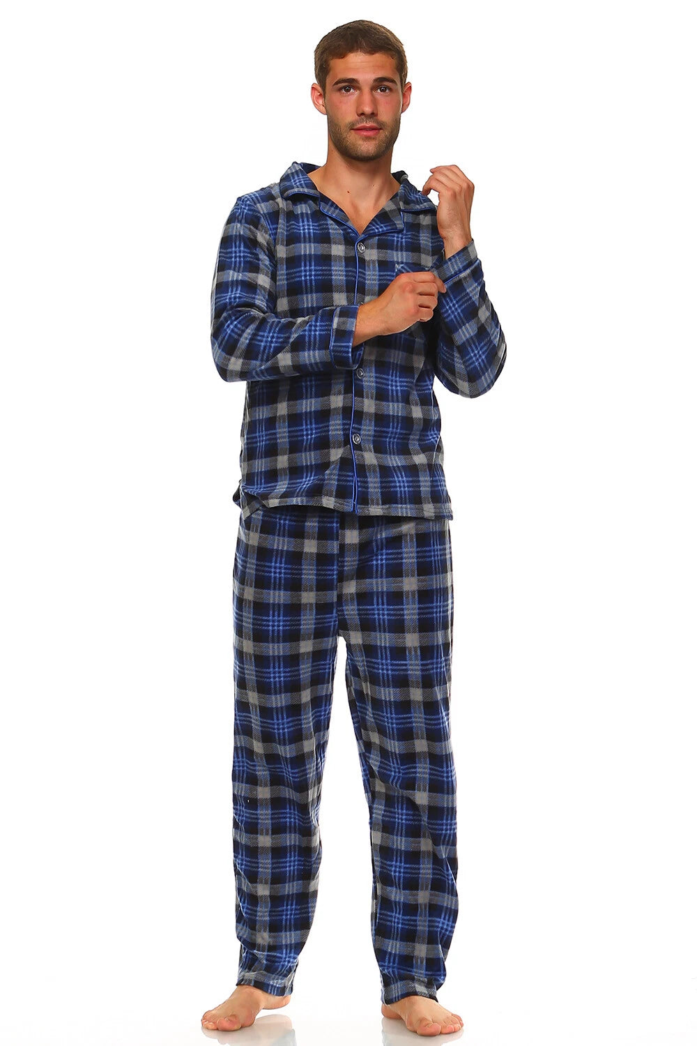 Men's Long Sleeve Pajama Lounge Set Comfortable PJ's Soft Fleece Plaid Sleepwear