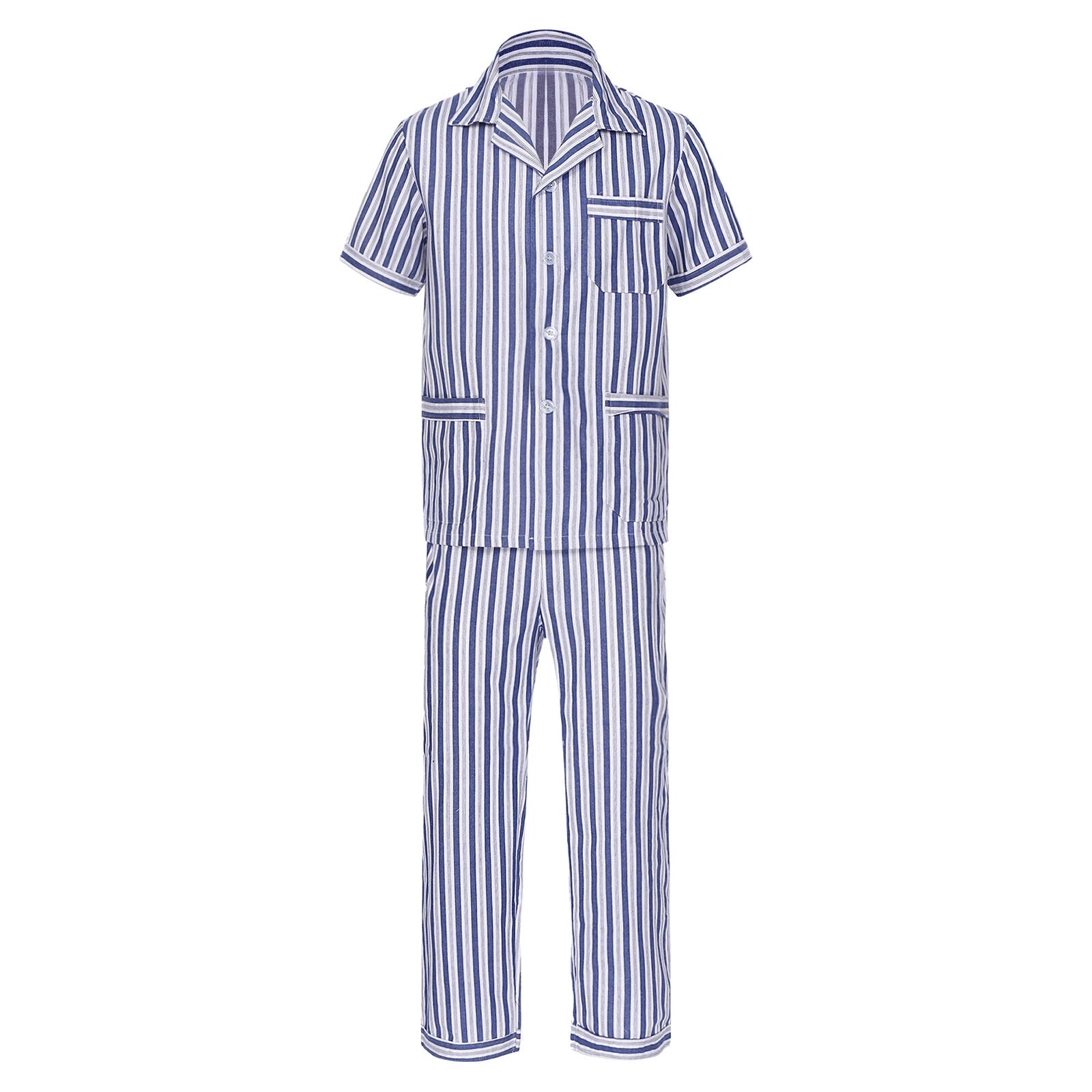 Mens Pajama Set Button Down Sleepwear Shirt Homewear Striped Nightgown Pockets