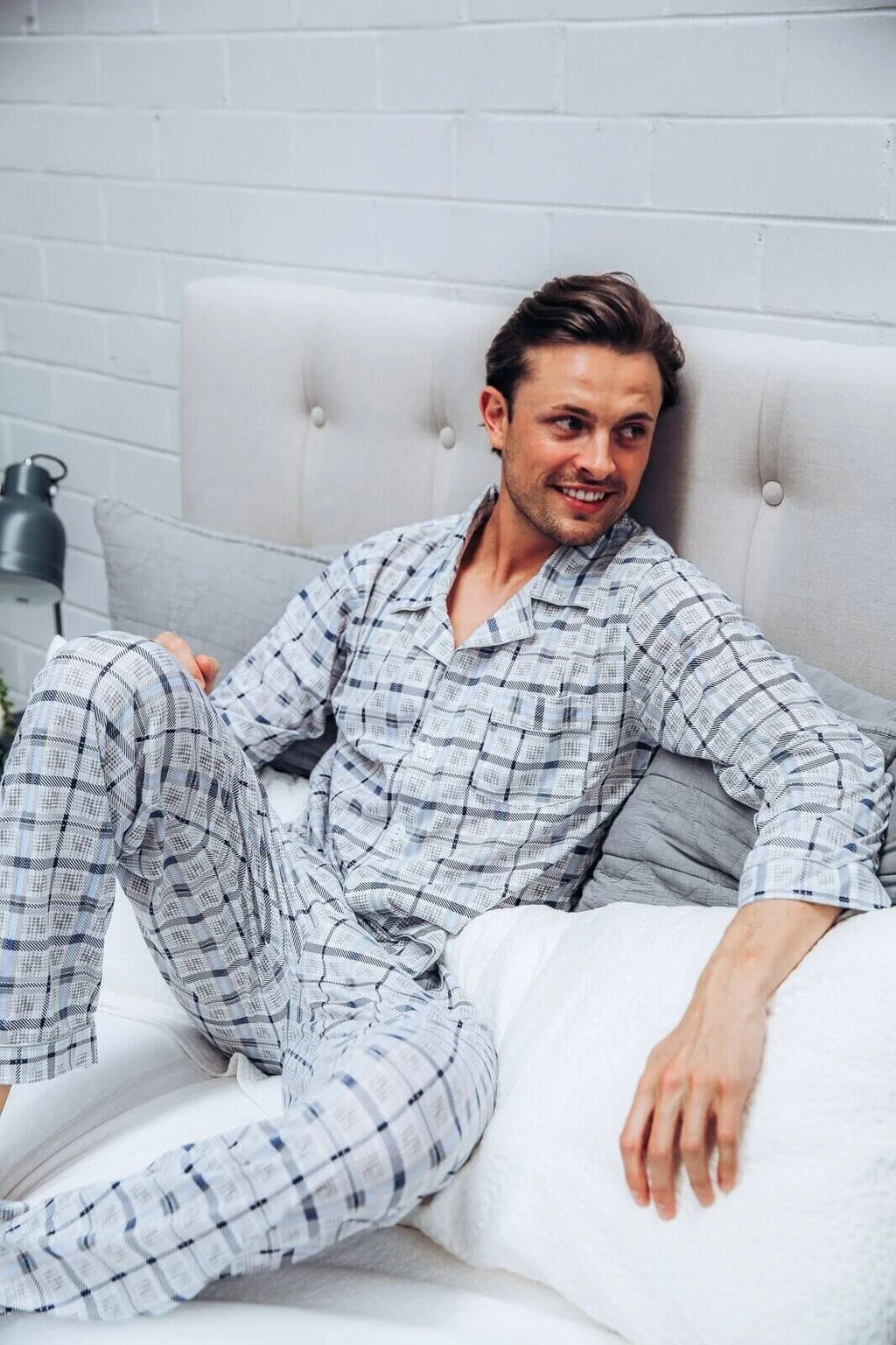 Mens Blue Grey Checks Long Sleeve Lightweight Cotton Long Pjs Pyjama Set