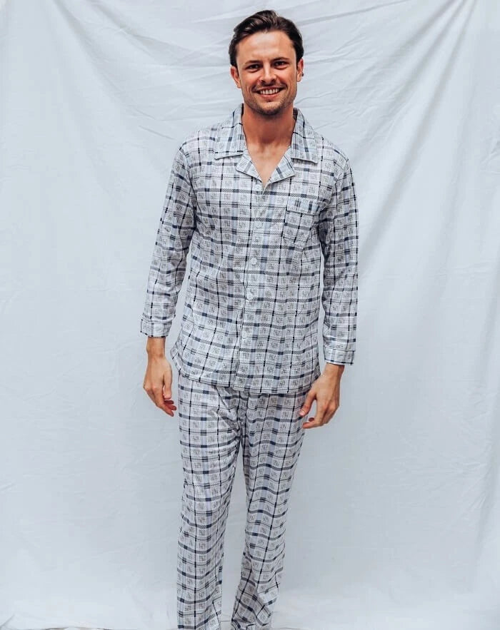 Mens Blue Grey Checks Long Sleeve Lightweight Cotton Long Pjs Pyjama Set