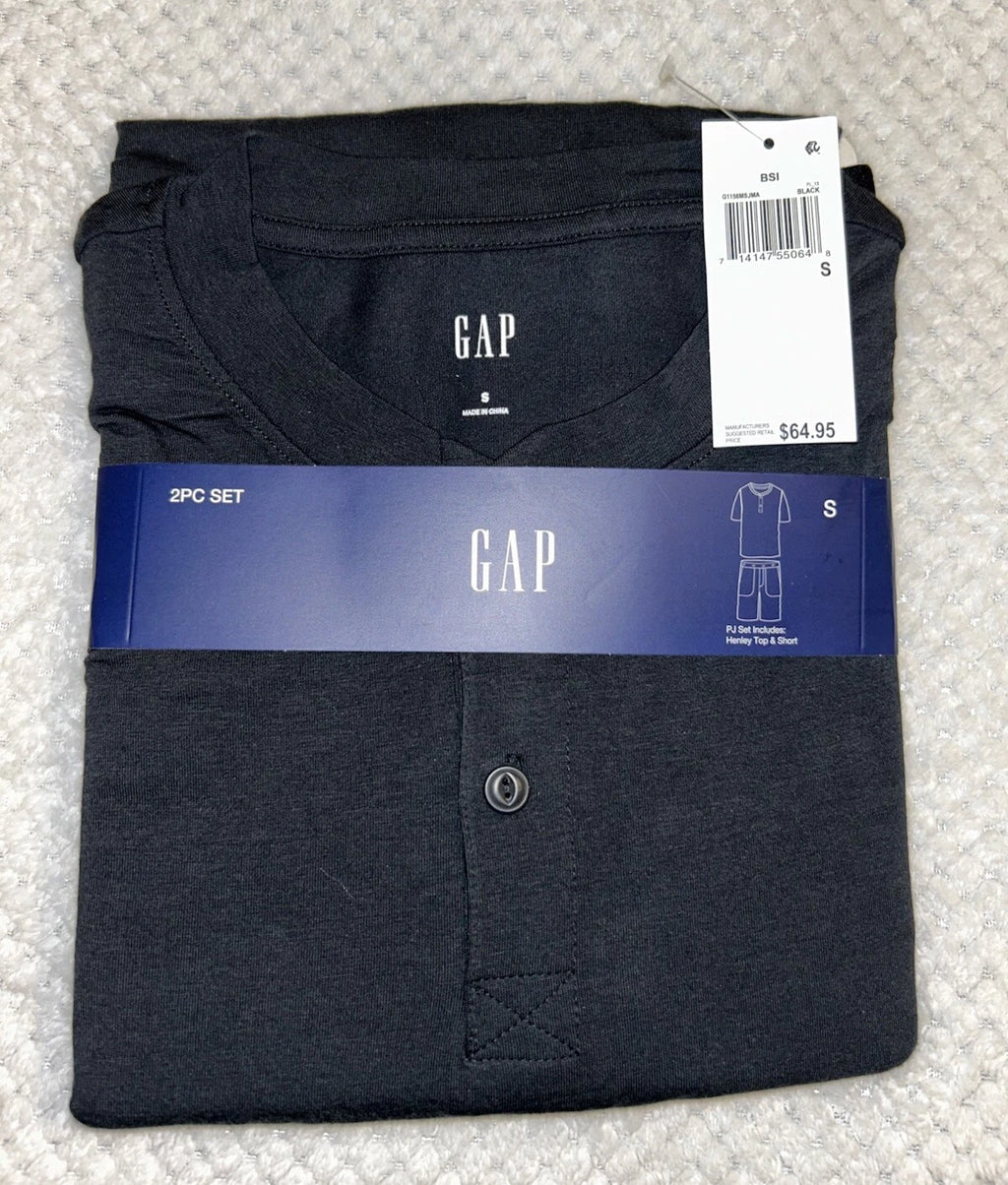 GAP Men's 2-Pc. Heathered Henley Shirt & Shorts Pajama Set. Small. Black. New