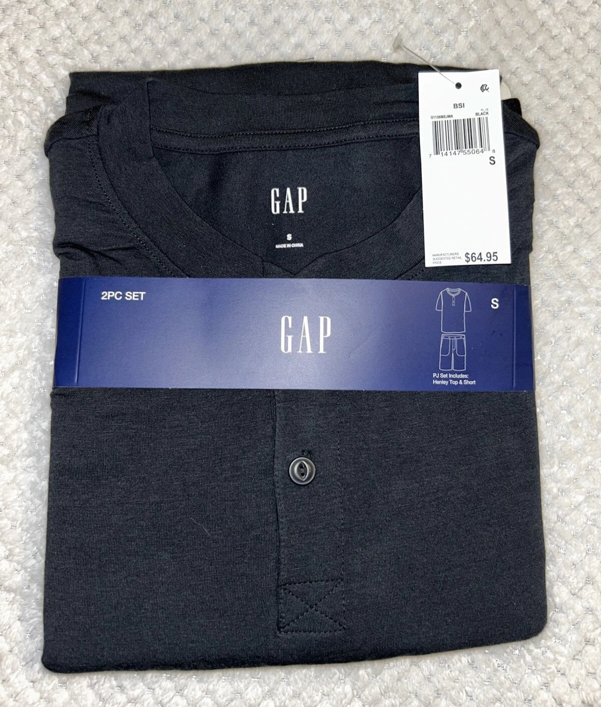 GAP Men's 2-Pc. Heathered Henley Shirt & Shorts Pajama Set. Small. Black. New