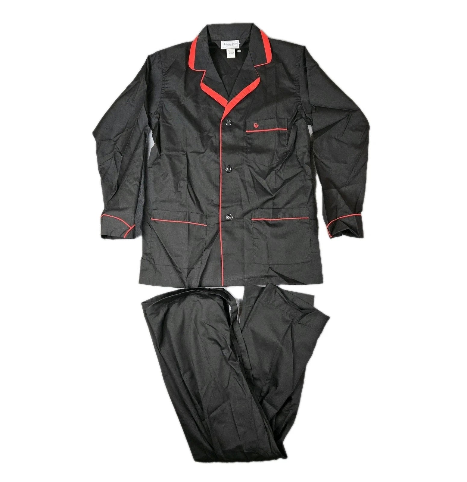 CHRISTIAN DIOR Monsieur Pajama Set Mens Medium Black Red Pants & Shirt VTG 80s