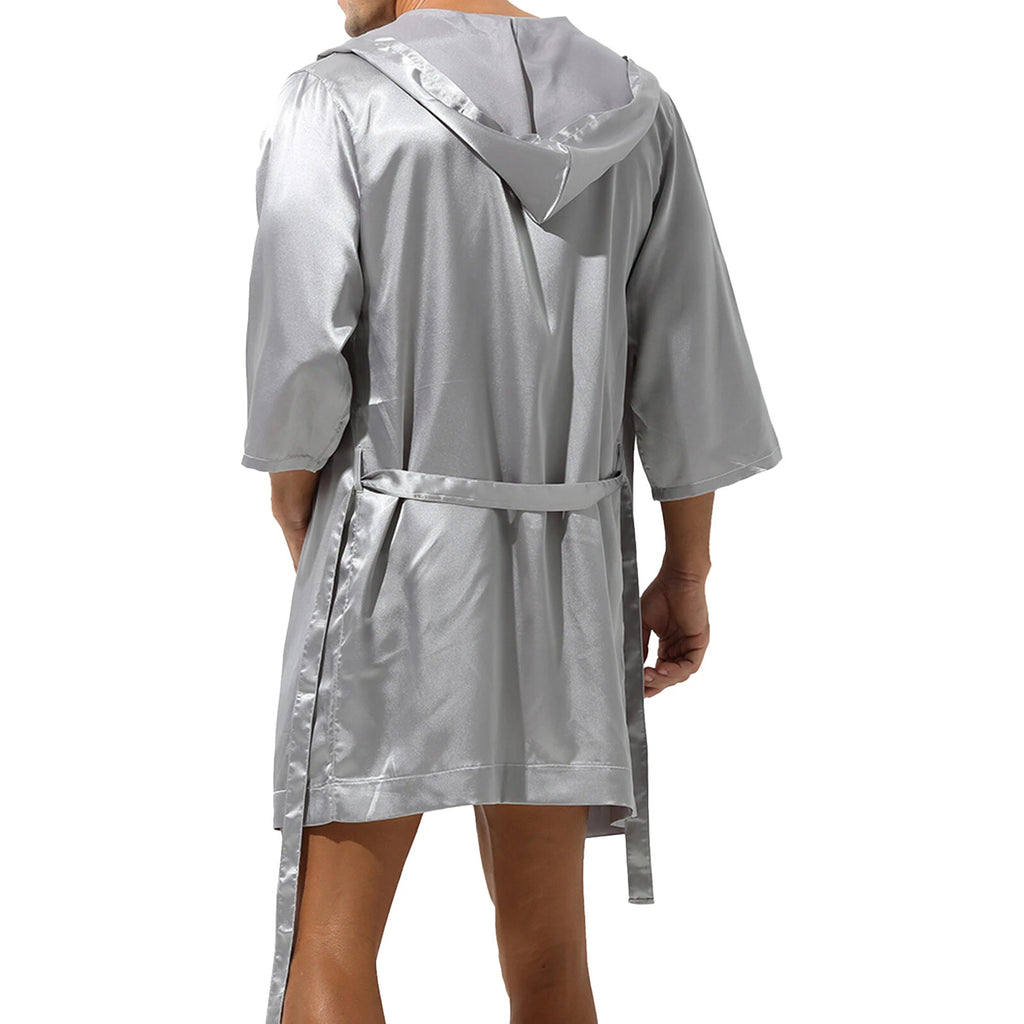 Mens Robes Silky Satin Hooded Bathrobe Luxurious Pyjama Set Nightgowns Sleepwear