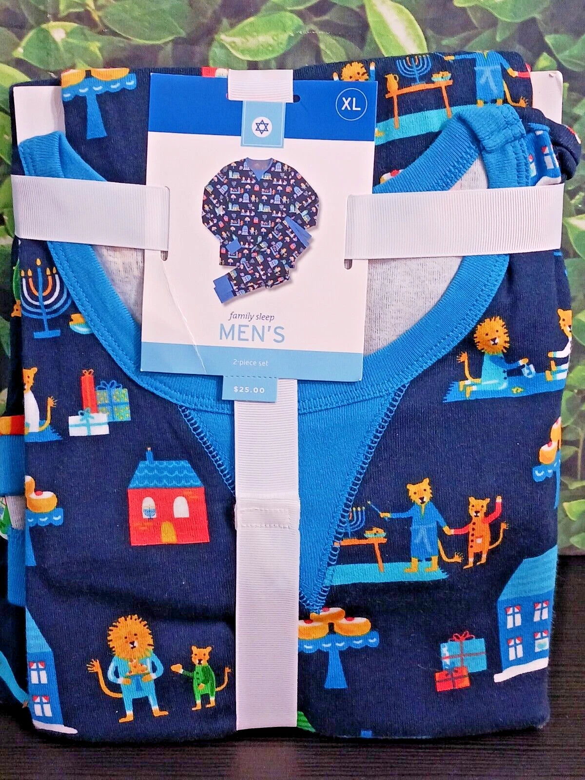 Hanukkah Menorah Men’s XL Blue  Pajama Set Dreidel Lion Jewish 100% Cotton NWT