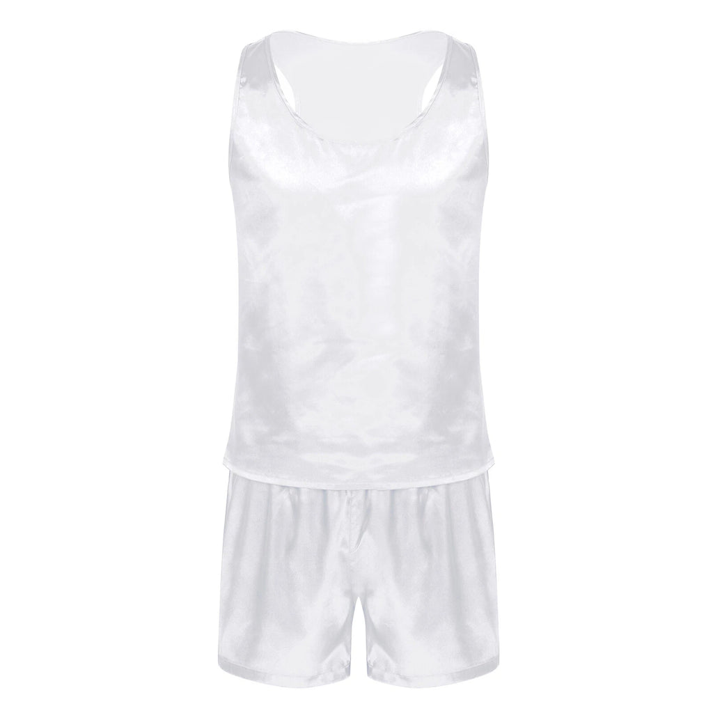 Mens Satin Pajamas Set Lounge Shorts Tank Top Silk Shirt Sleepwear Nightwear