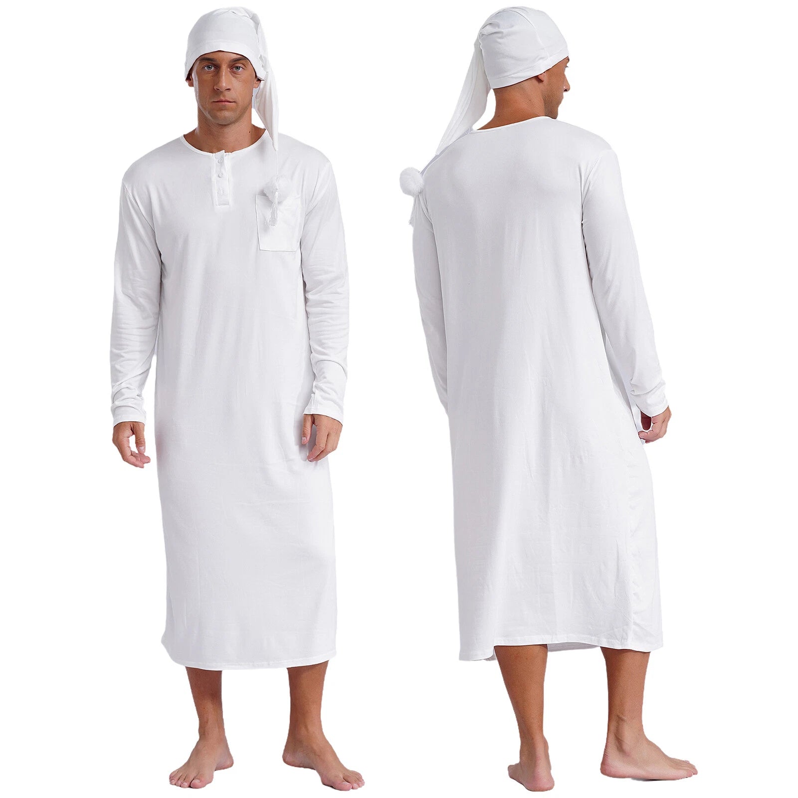 Men's Sissy Nightwear Loose Striped Robe Long Sleeve Nightshirt Cap Pajama Sets