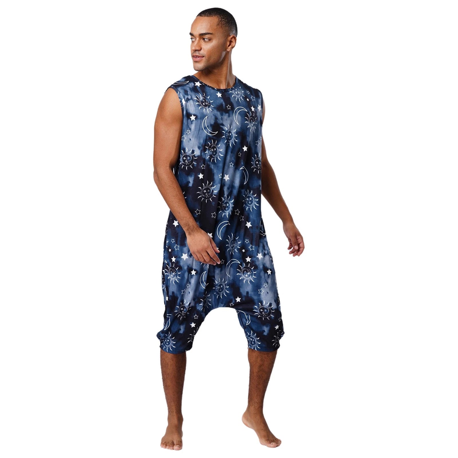 Men's Loose Romper Pajamas Jumpsuit Sleepwear Zipper Crotch One Piece Bodysuit