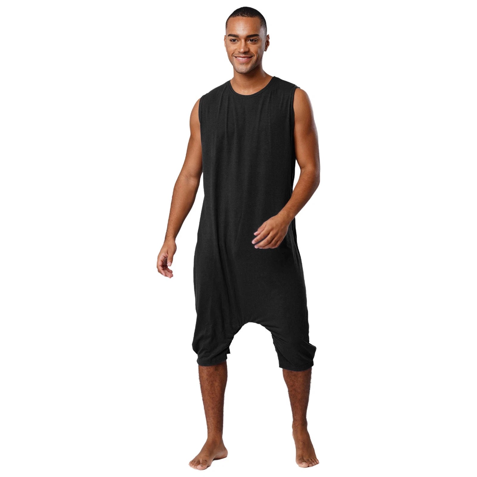 Men's Loose Romper Pajamas Jumpsuit Sleepwear Zipper Crotch One Piece Bodysuit