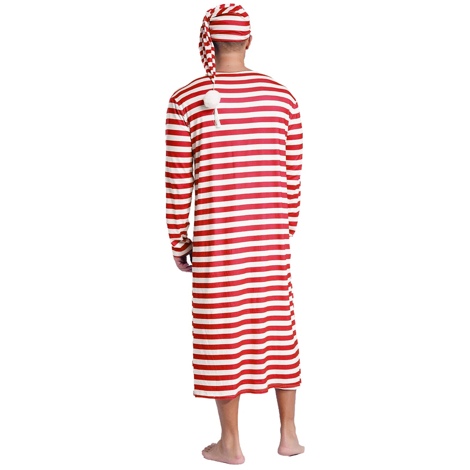 Men's Nightshirt Striped Loose Sleepwear Night Pajama Set Robe with Sleeping Cap