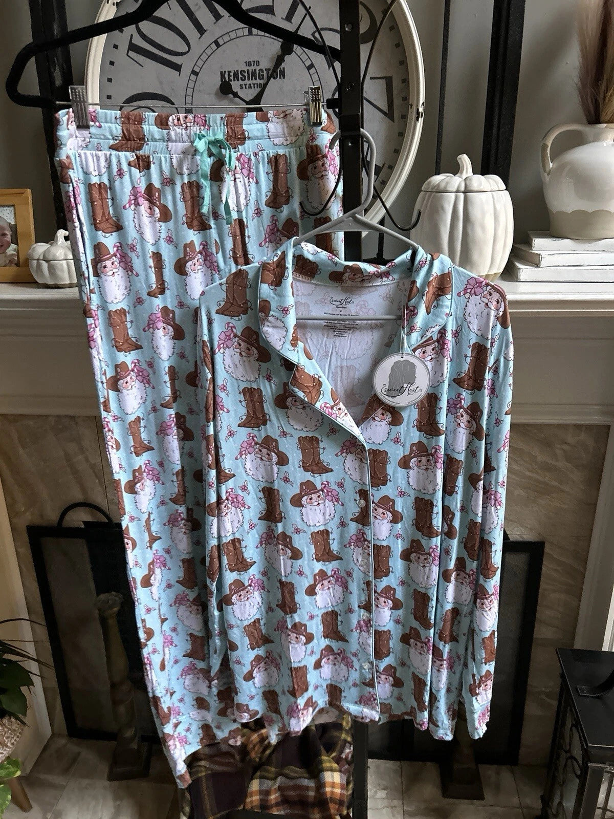 NEW NWT $55 SWEETHART "Cowboy Santa" men's Christmas pajamas pajama set XL