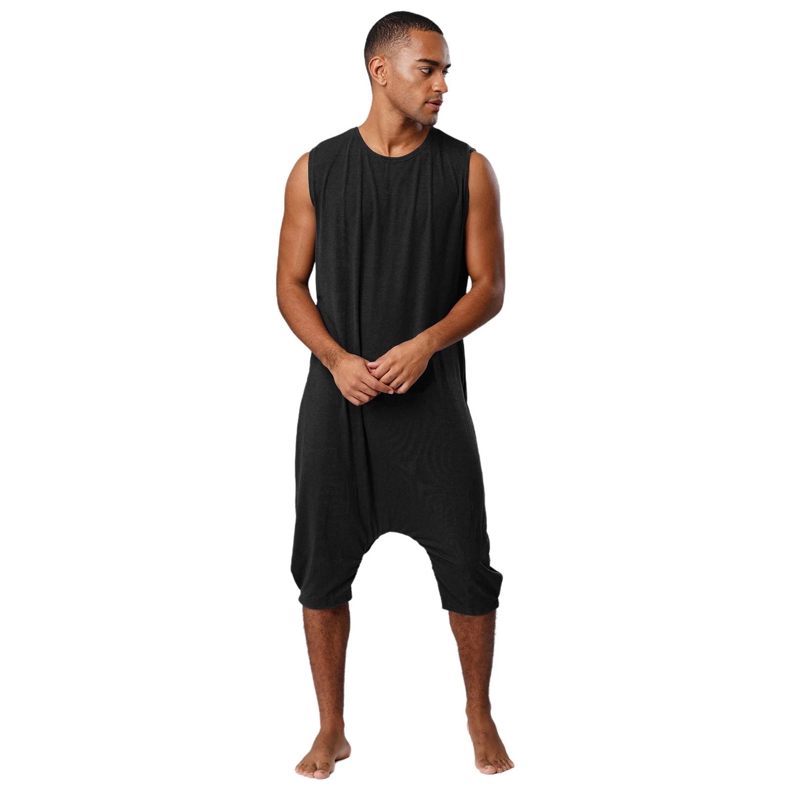 Men's Loose Romper Pajamas Jumpsuit Sleepwear Zipper Crotch One Piece Bodysuit