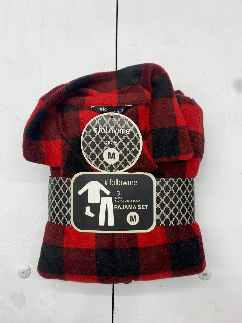 Follow Me mens 3 Piece Red Black Plaid Pajama Set Size Medium