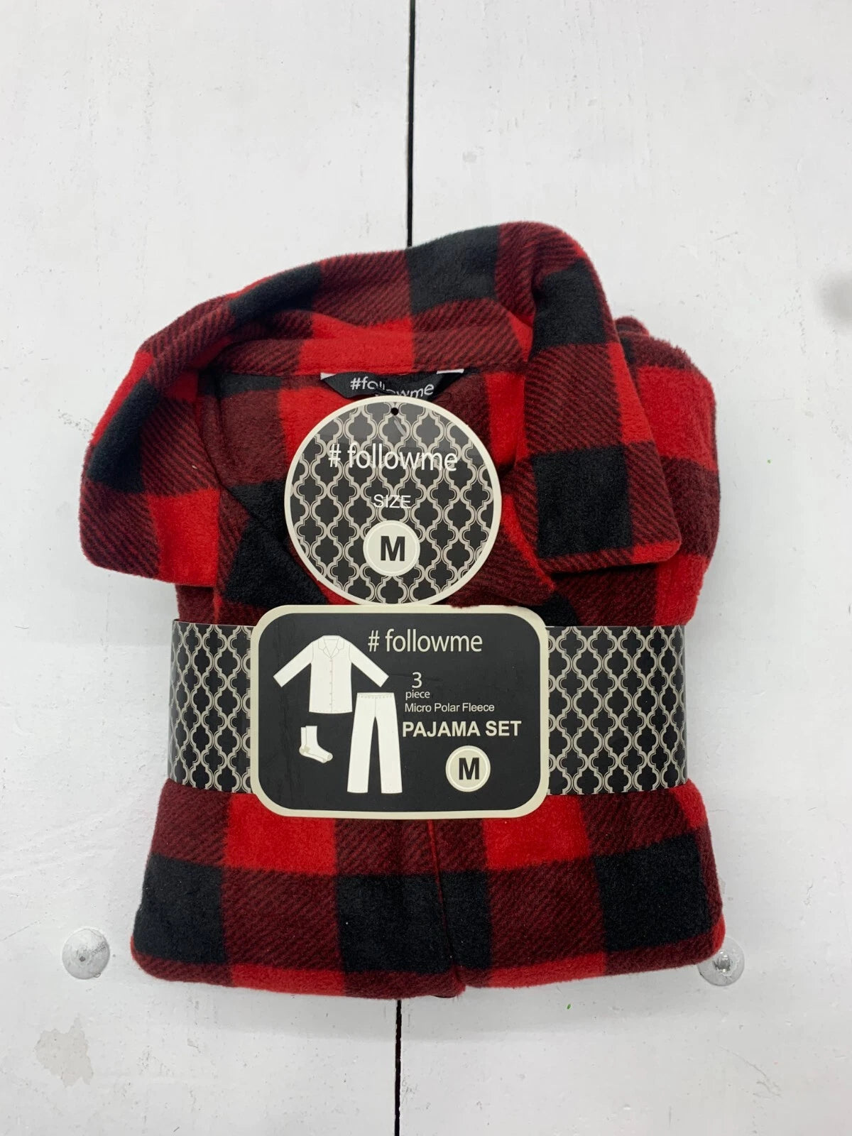 Follow Me mens 3 Piece Red Black Plaid Pajama Set Size Medium