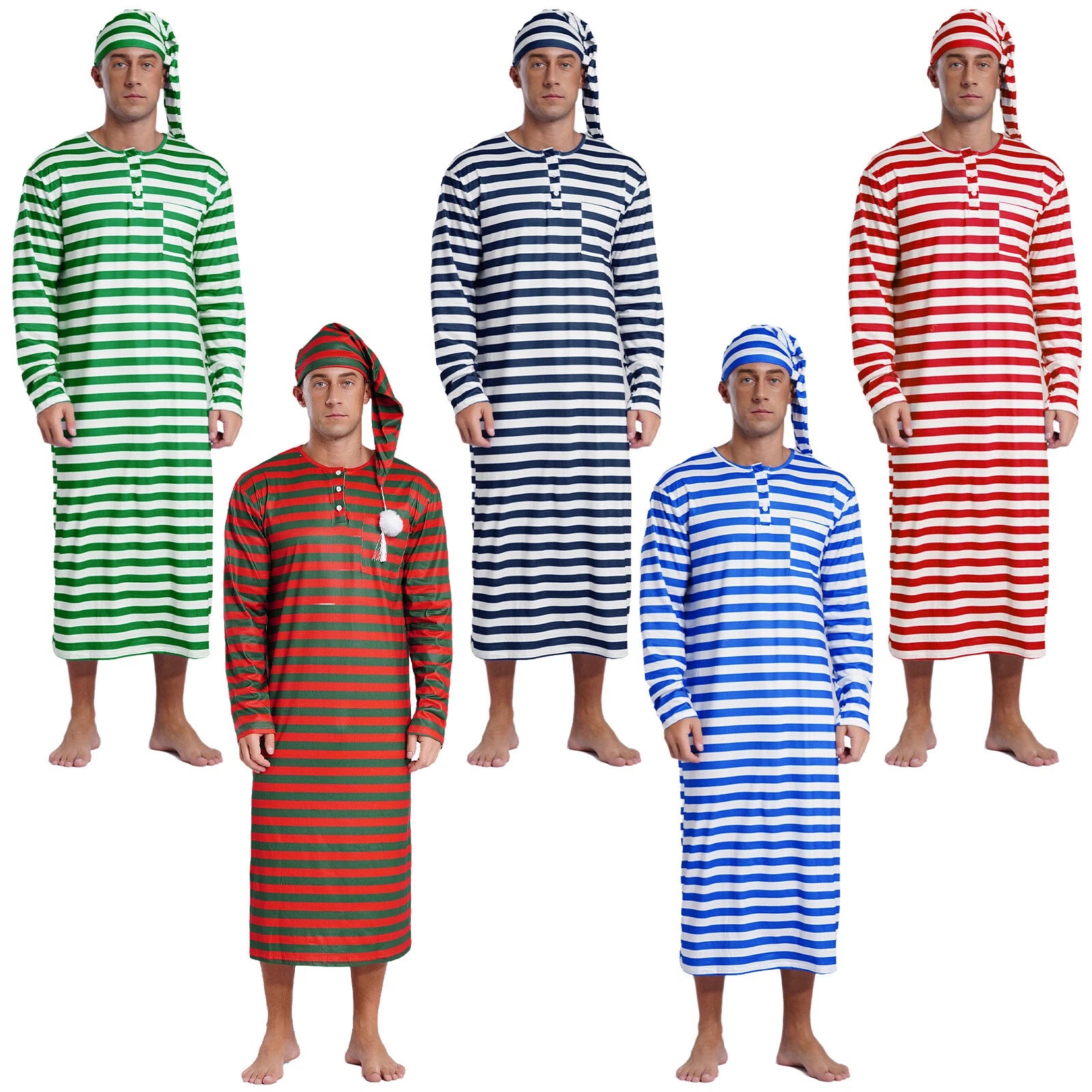 Men's Nightshirt Striped Loose Sleepwear Night Pajama Set Robe with Sleeping Cap