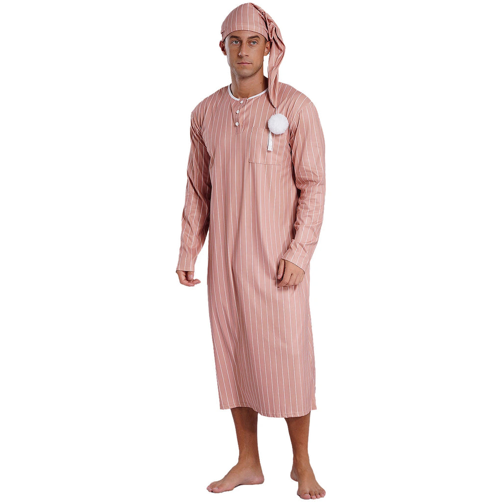 Men's Sissy Nightwear Loose Striped Robe Long Sleeve Nightshirt Cap Pajama Sets