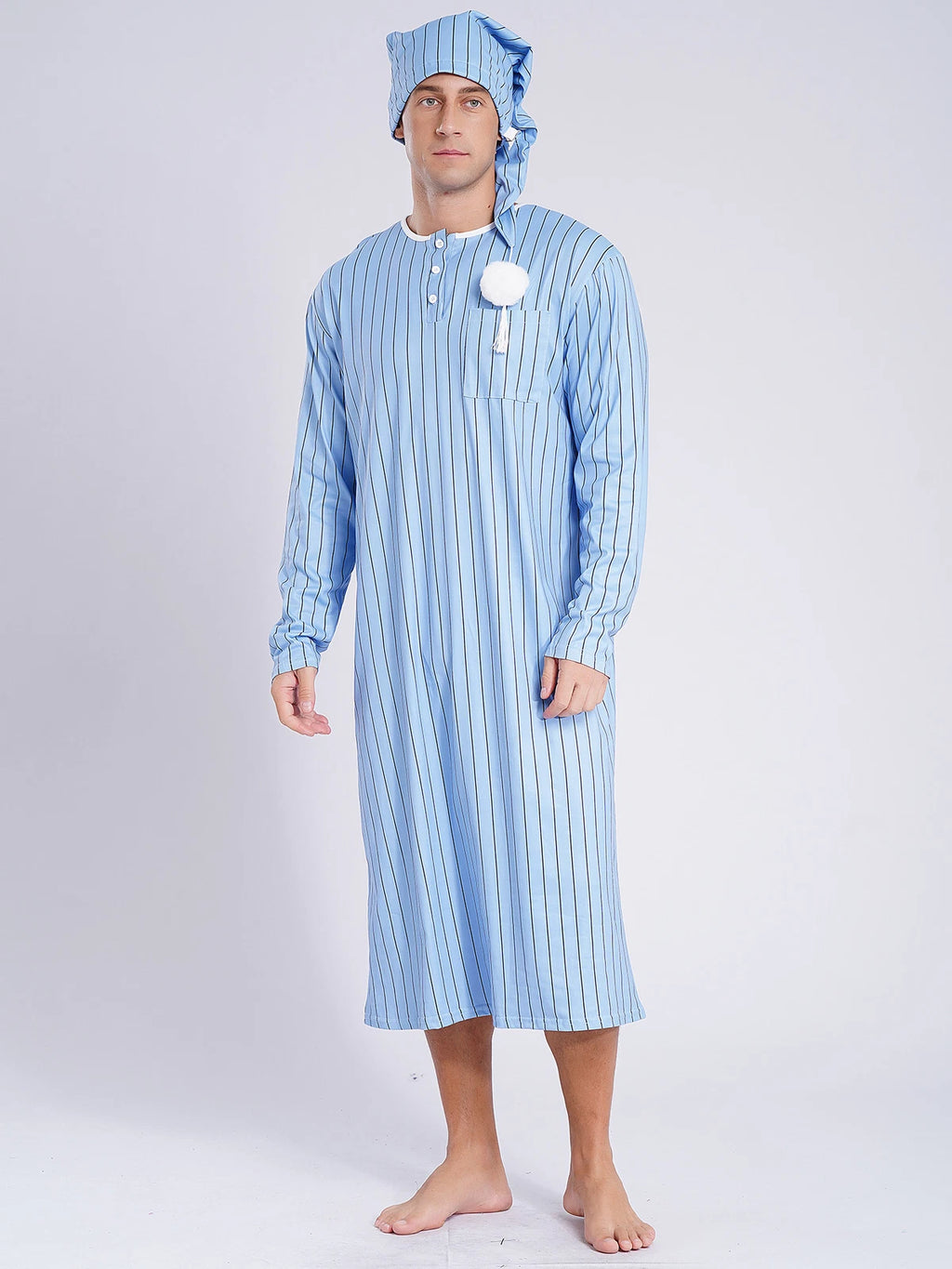 Men's Sissy Nightwear Loose Striped Robe Long Sleeve Nightshirt Cap Pajama Sets