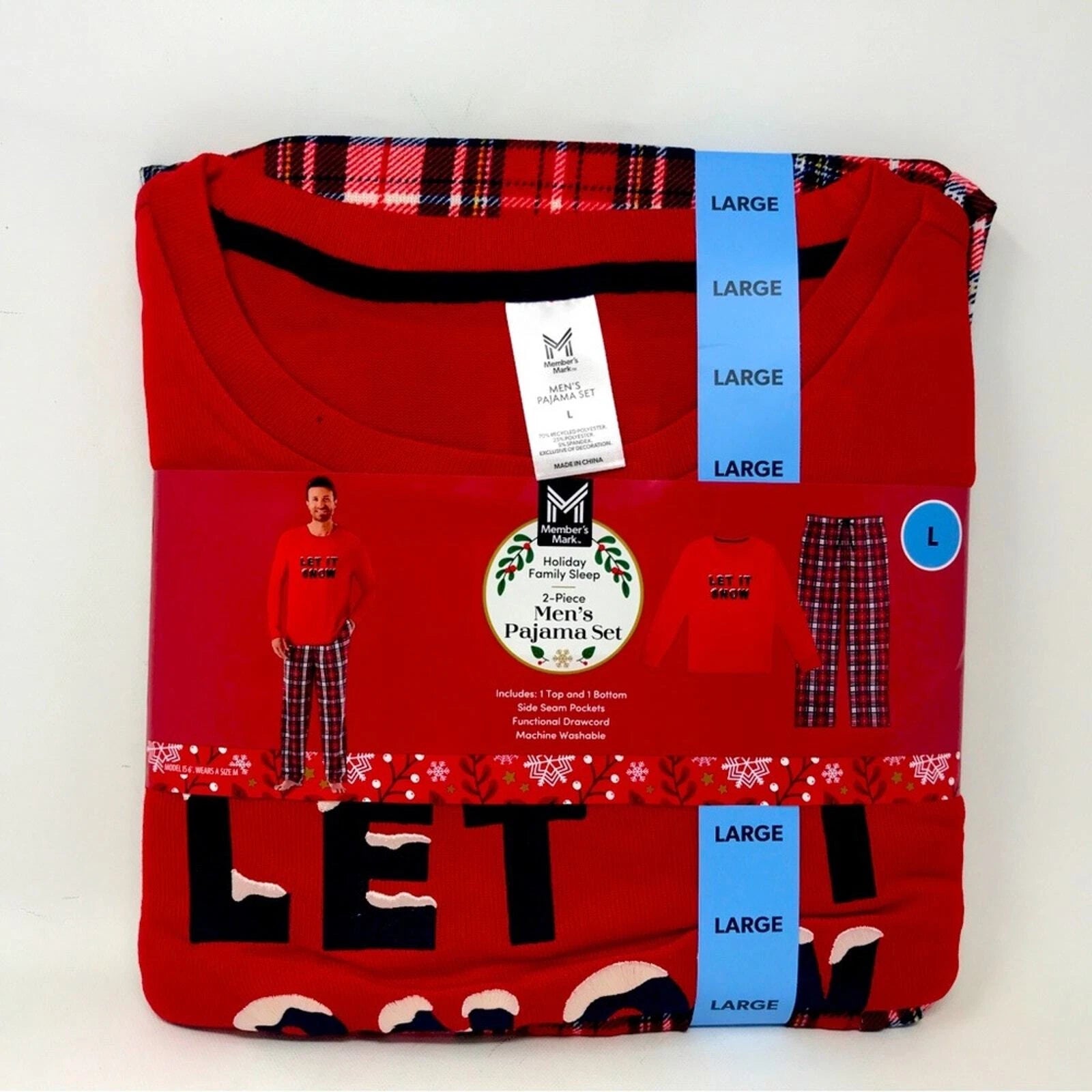 Member's Mark 2 Piece Let It Snow Pajama Set, Men's Size L - Red/Multi
