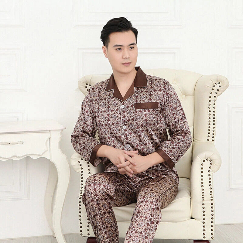Men Silk Satin Pajamas Set Pyjamas Luxury Set Long Sleeve Sleepwear Loungewear*n