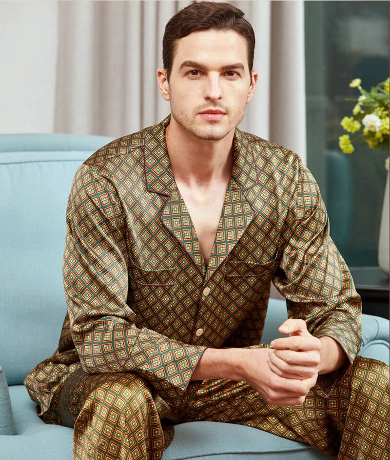 Men's 19MM Mulberry Silk Pajamas Set Print Silk Sleepwear S M L XL