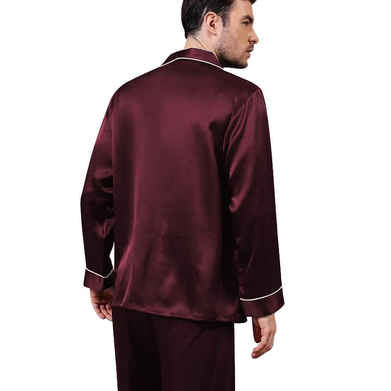 Mens Silk Satin Pajamas - PJ Set Top and Bottom - Burgundy White Piping