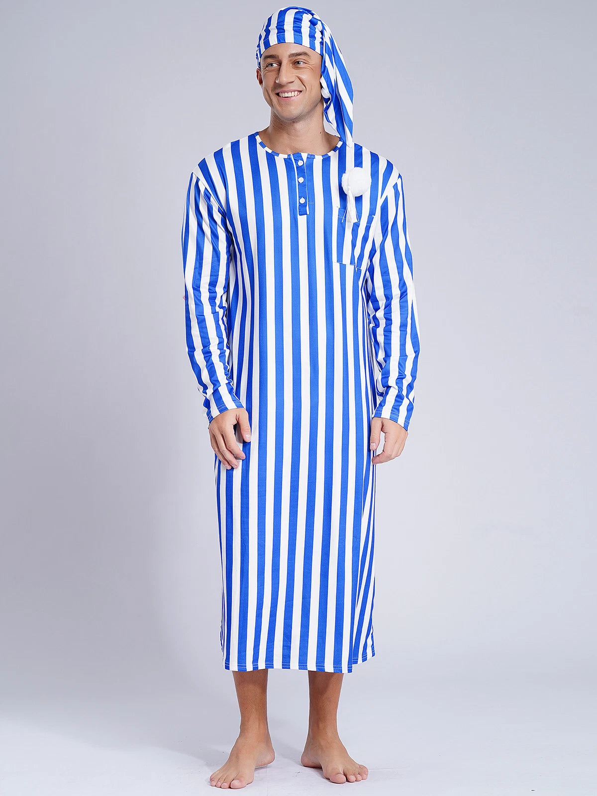 Men's Sissy Nightwear Loose Striped Robe Long Sleeve Nightshirt Cap Pajama Sets