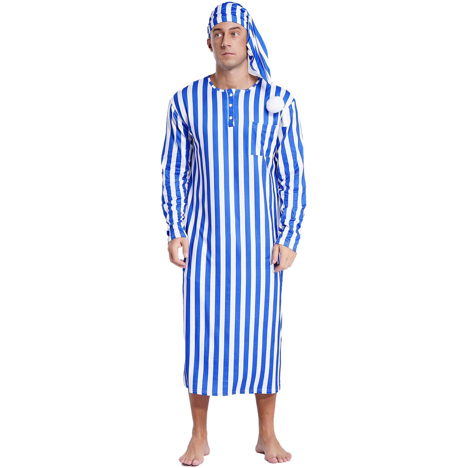 Men's Sissy Nightwear Loose Striped Robe Long Sleeve Nightshirt Cap Pajama Sets